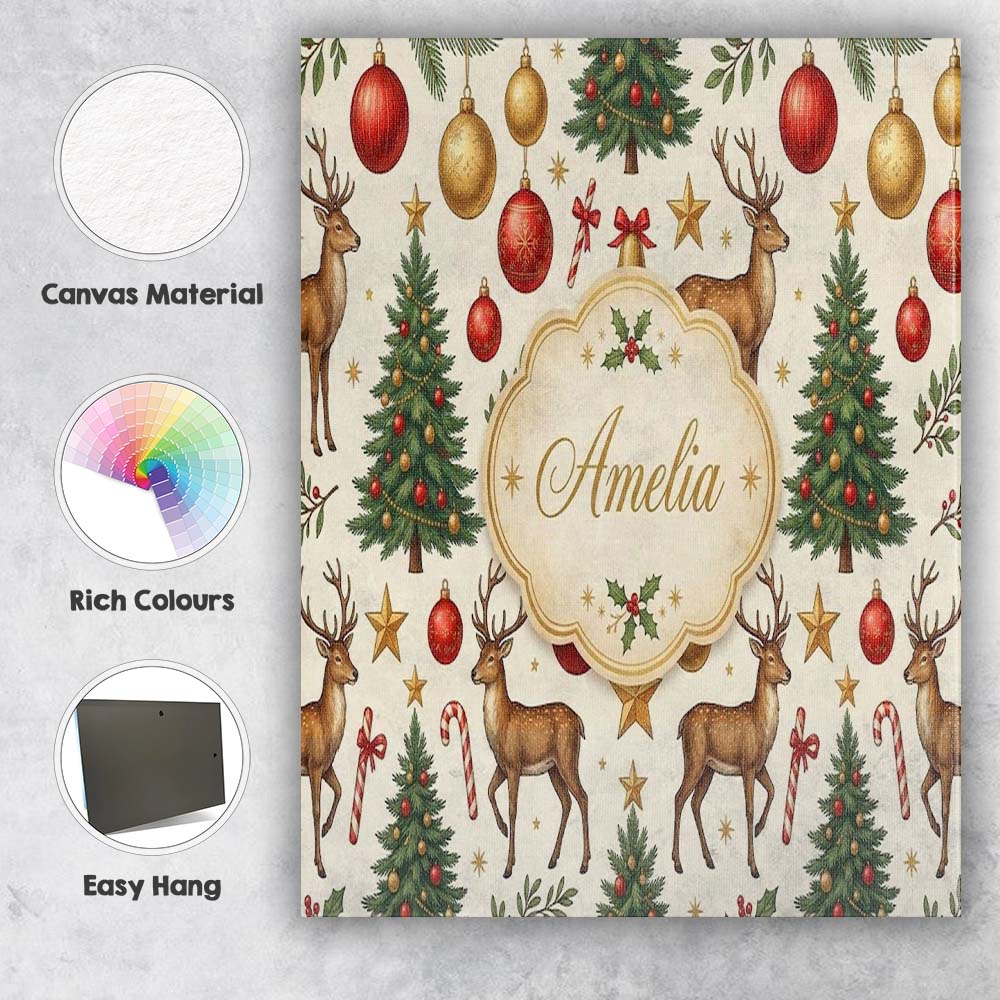 Personalised Name Cute Reindeer Christmas Custom Unique Gift Idea Elegant Feature Canvas Wall Art Print Decor Picture Ready to Hang