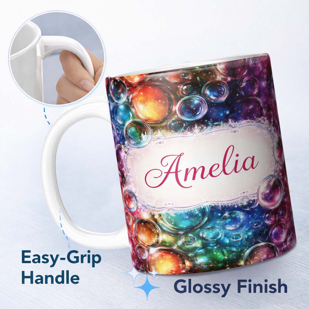 Personalized Custom Name Vibrant Cosmic Bubble Abstract Seamless Pattern Cute Unique Gift 11oz Ceramic Coffee Tea Mug White Large Handle