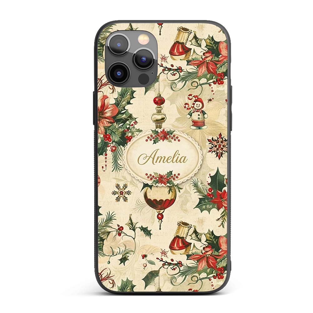Elegant Christmas Poinsettia Holly Berries and Custom Name Protective Phone Case Mobile Cover Durable Everyday Smartphone Shock Resistant