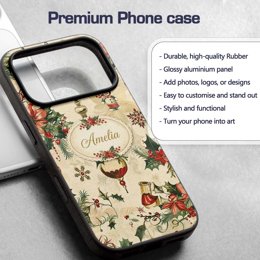 Elegant Christmas Poinsettia Holly Berries and Custom Name Protective Phone Case Mobile Cover Durable Everyday Smartphone Shock Resistant