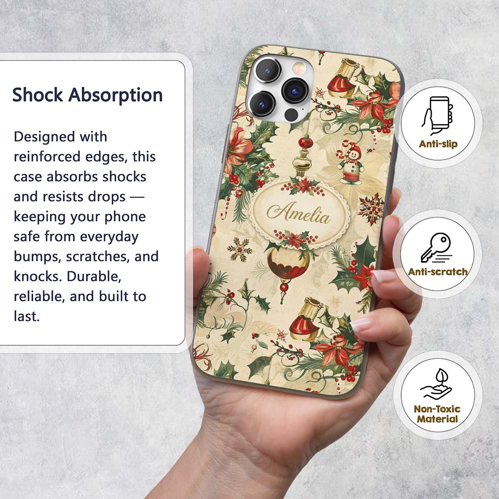 Elegant Christmas Poinsettia Holly Berries and Custom Name Protective Phone Case Mobile Cover Durable Everyday Smartphone Shock Resistant