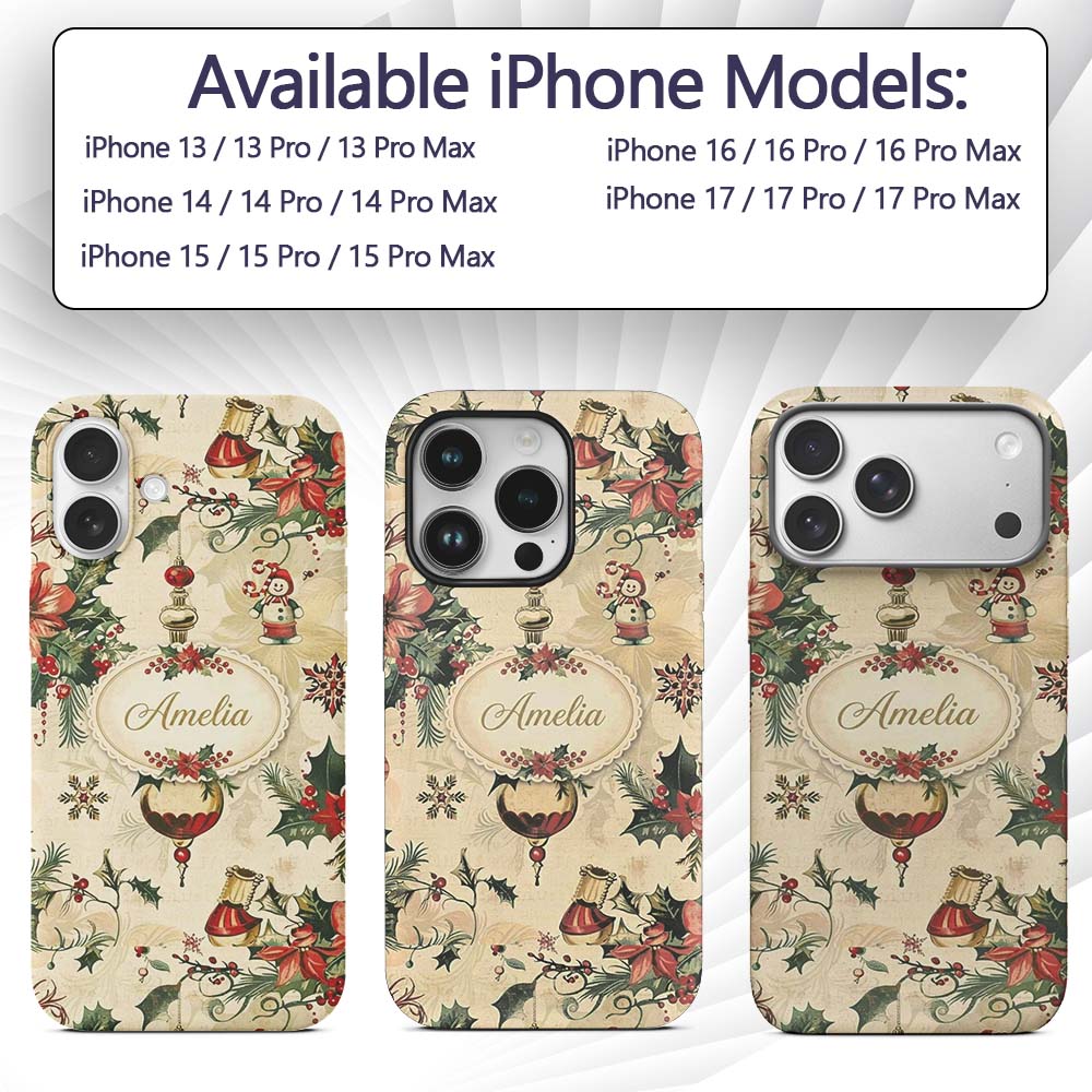 Elegant Christmas Poinsettia Holly Berries and Custom Name Protective Phone Case Mobile Cover Durable Everyday Smartphone Shock Resistant