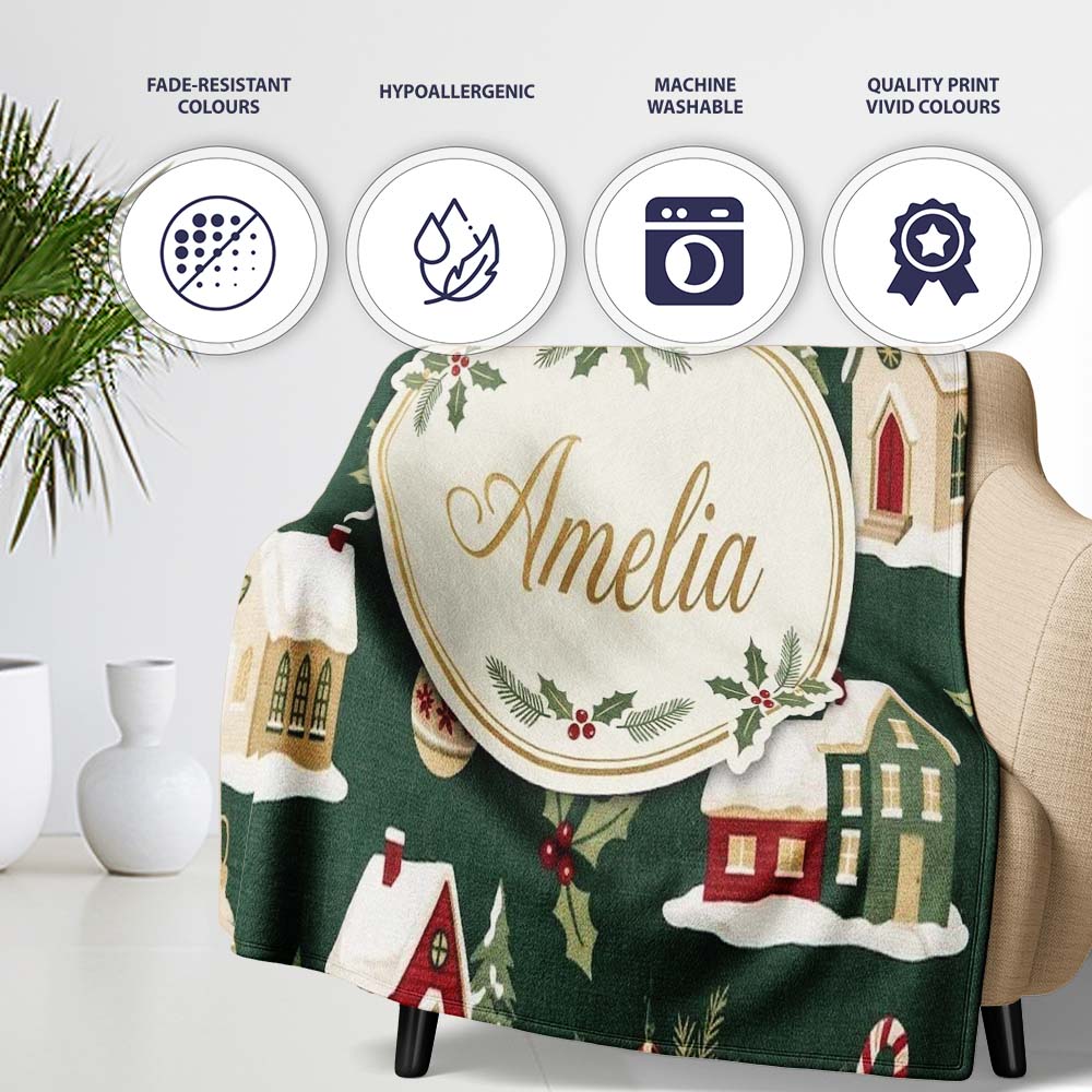 Dark Vintage Christmas Village Houses Snowy Scene and Ornaments Personalised Custom Name Super Soft Fleece Blanket Bed Sofa Throw