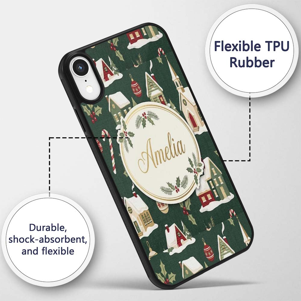 Dark Vintage Christmas Village Houses Snowy Scene Custom Name Protective Phone Case Mobile Cover Durable Everyday Smartphone Shock Resistant
