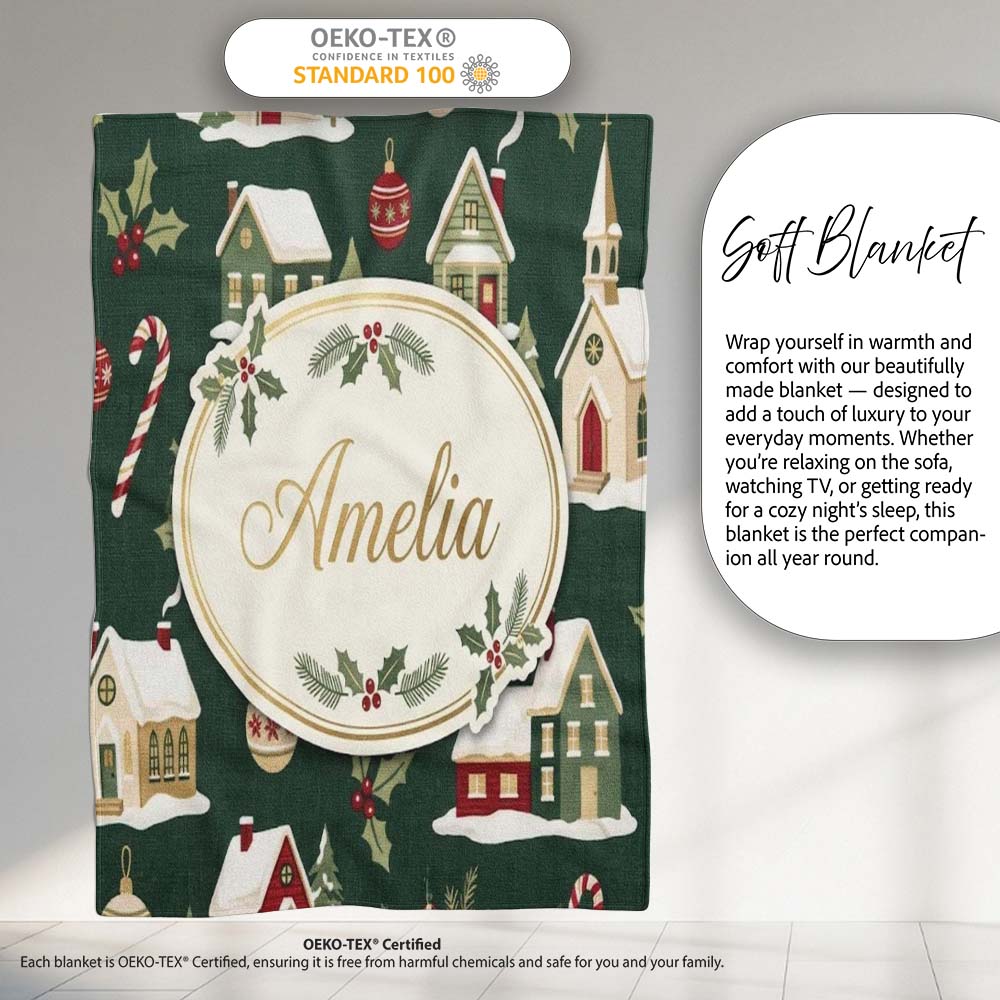 Dark Vintage Christmas Village Houses Snowy Scene and Ornaments Personalised Custom Name Super Soft Fleece Blanket Bed Sofa Throw