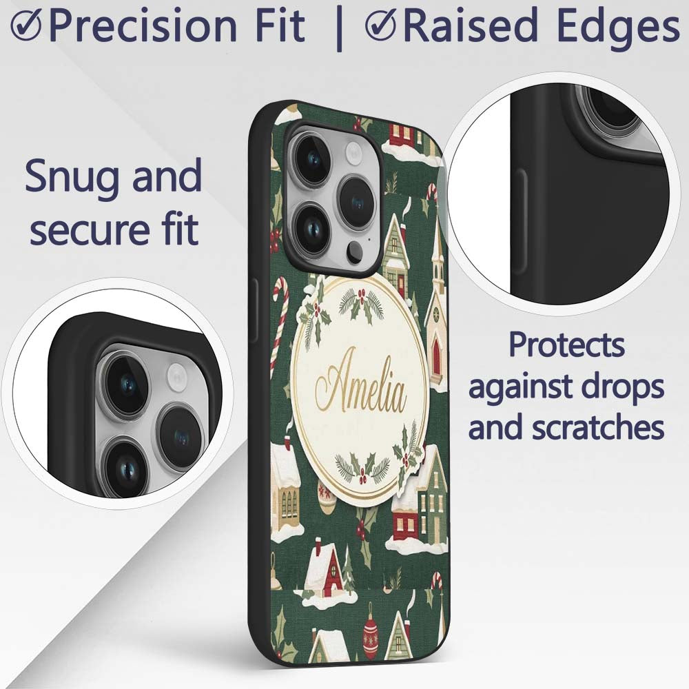 Dark Vintage Christmas Village Houses Snowy Scene Custom Name Protective Phone Case Mobile Cover Durable Everyday Smartphone Shock Resistant