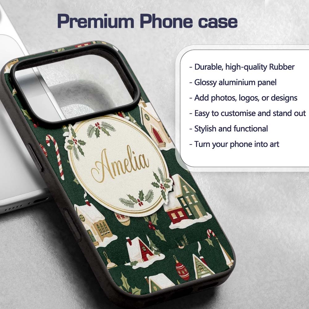 Dark Vintage Christmas Village Houses Snowy Scene Custom Name Protective Phone Case Mobile Cover Durable Everyday Smartphone Shock Resistant