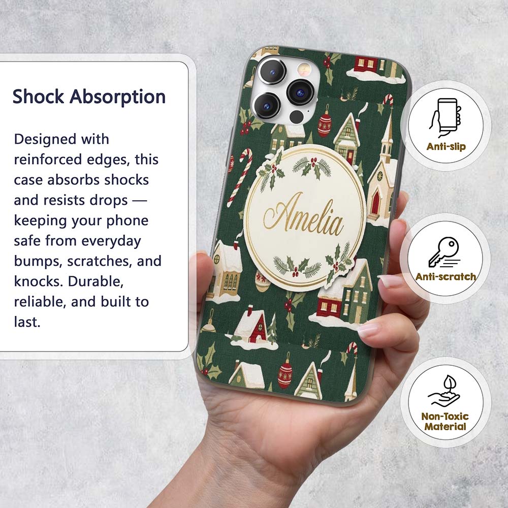 Dark Vintage Christmas Village Houses Snowy Scene Custom Name Protective Phone Case Mobile Cover Durable Everyday Smartphone Shock Resistant