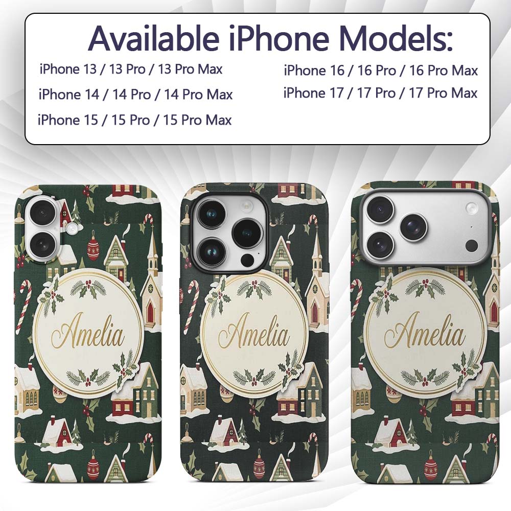 Dark Vintage Christmas Village Houses Snowy Scene Custom Name Protective Phone Case Mobile Cover Durable Everyday Smartphone Shock Resistant