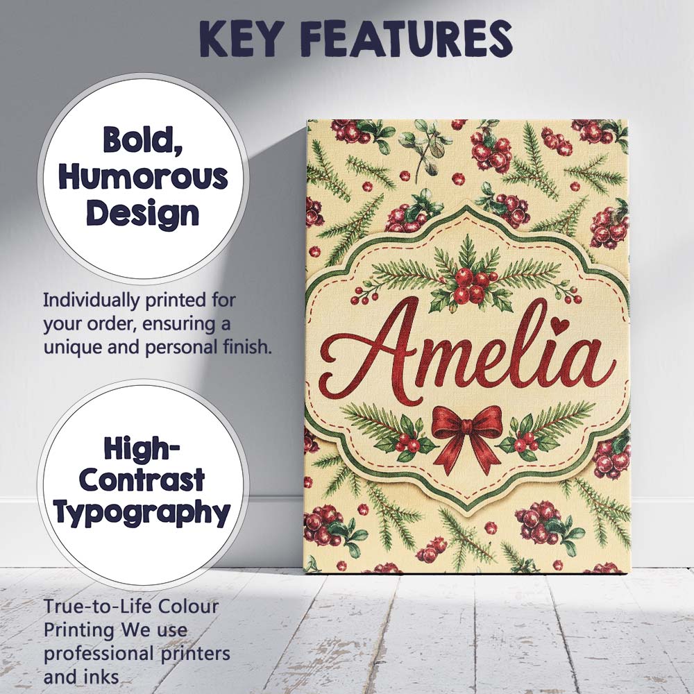 Personalised Name Watercolor Holly Berries Custom Unique Gift Idea Elegant Feature Canvas Wall Art Print Decor Picture Ready to Hang