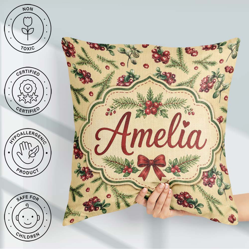 Custom Name Watercolor Holly Berries Pine Branches and Botanical Square Filled Cushion Throw Pillow Sofa Bed Home Decor Zip Washable UK Made