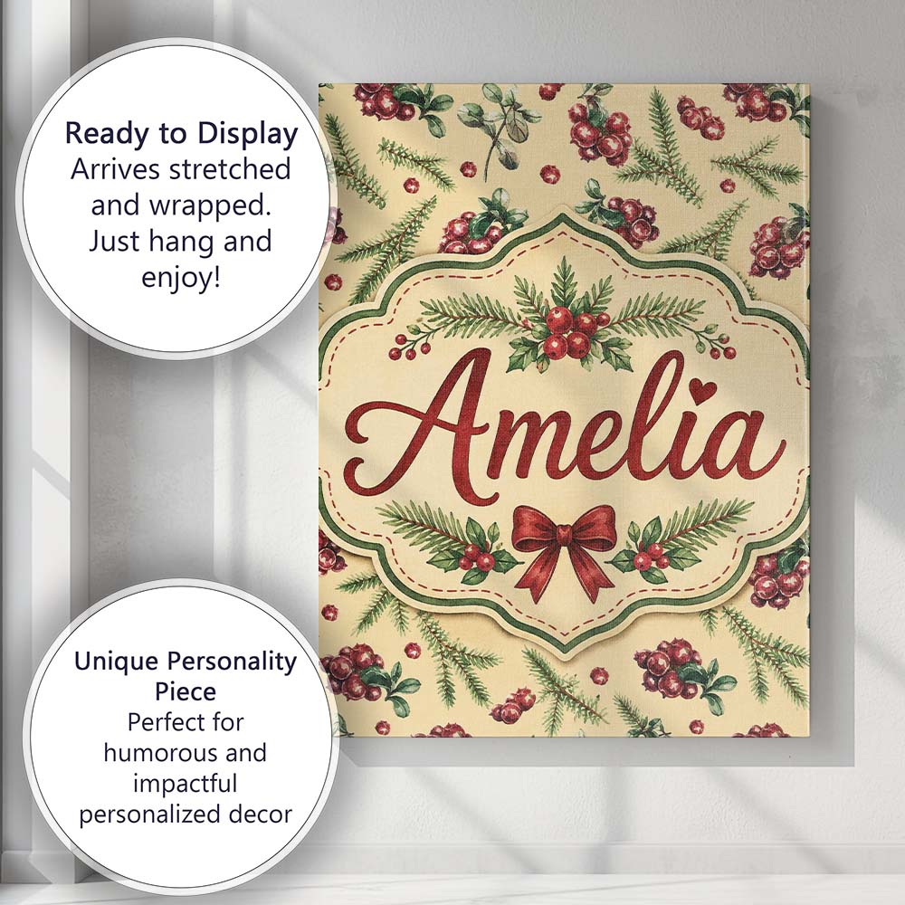 Personalised Name Watercolor Holly Berries Custom Unique Gift Idea Elegant Feature Canvas Wall Art Print Decor Picture Ready to Hang