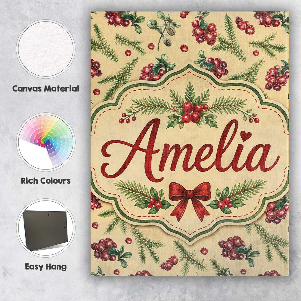 Personalised Name Watercolor Holly Berries Custom Unique Gift Idea Elegant Feature Canvas Wall Art Print Decor Picture Ready to Hang