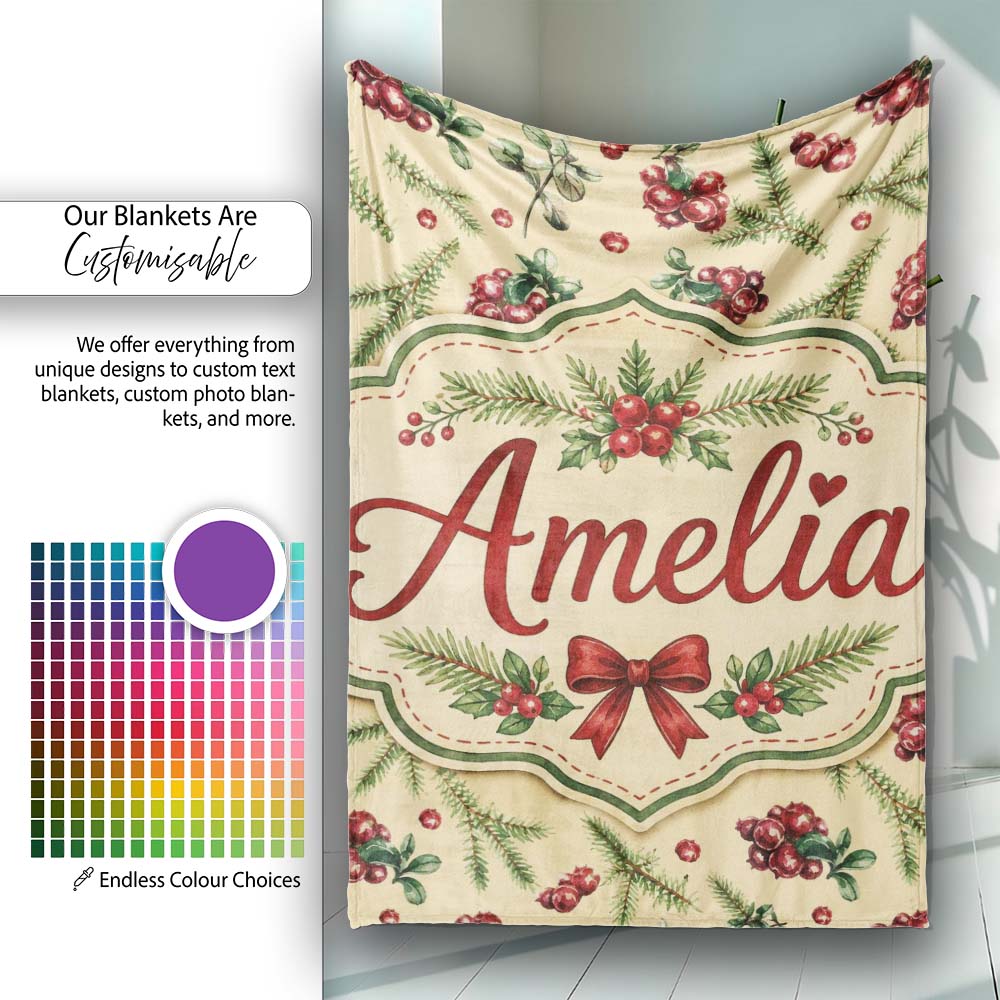 Watercolor Holly Berries Pine Branches and Botanical Christmas Personalised Custom Name Super Soft Fleece Blanket Bed Sofa Throw