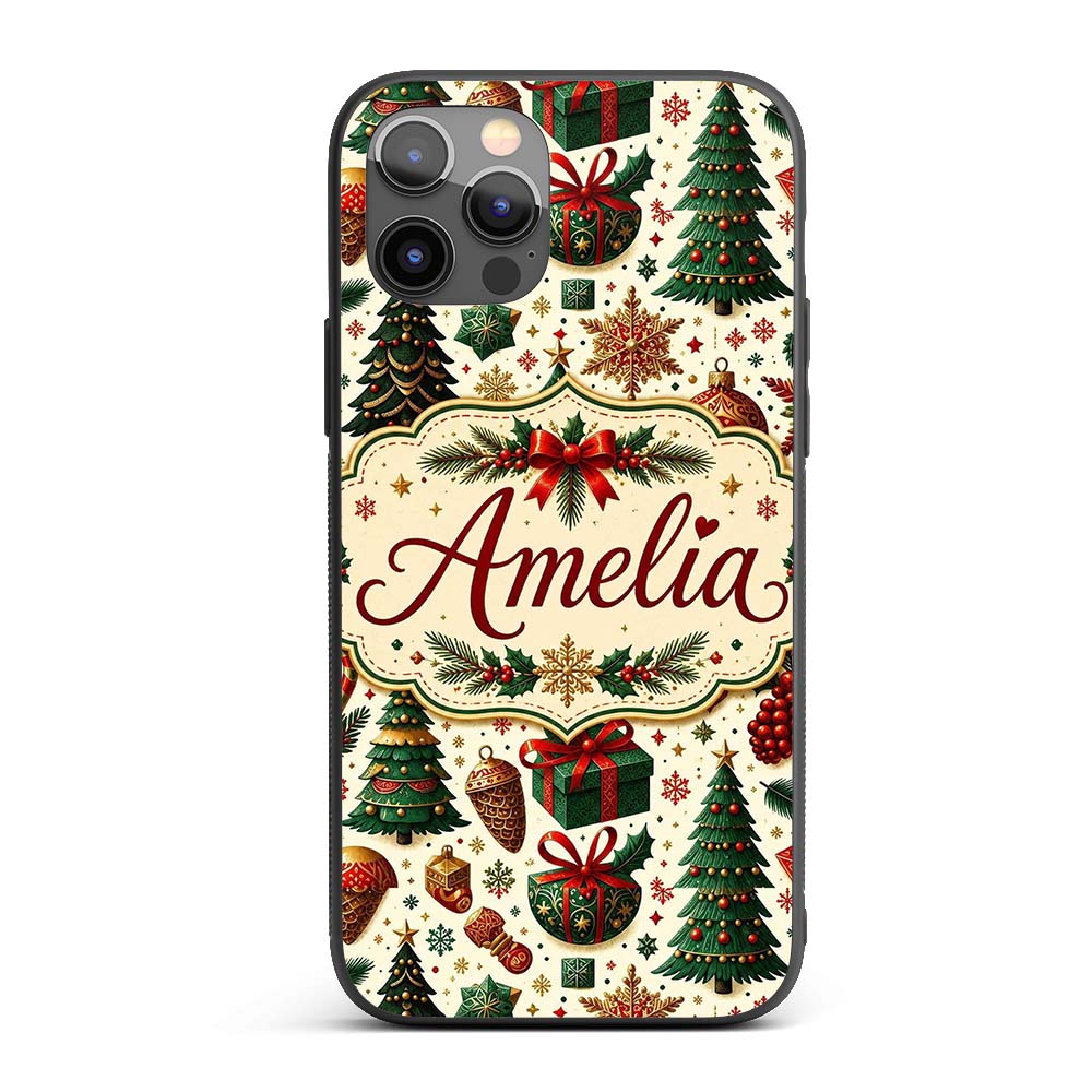 Classic Christmas Trees Candy Canes Baubles and Custom Name Protective Phone Case Mobile Cover Durable Everyday Smartphone Shock Resistant