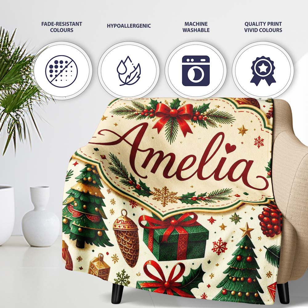 Classic Christmas Trees Candy Canes Baubles and Festive Decor Lovely Personalised Custom Name Super Soft Fleece Blanket Bed Sofa Throw