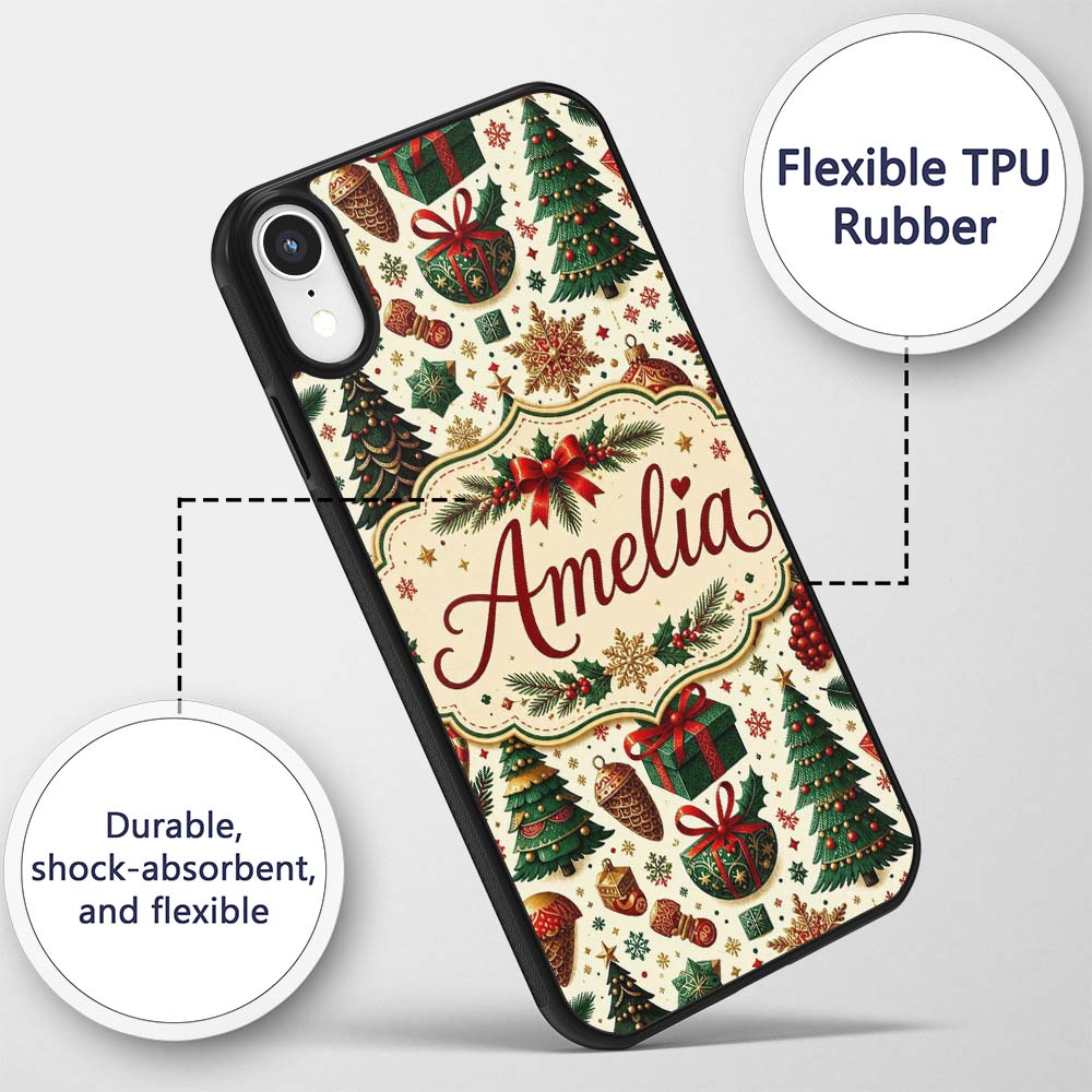 Classic Christmas Trees Candy Canes Baubles and Custom Name Protective Phone Case Mobile Cover Durable Everyday Smartphone Shock Resistant
