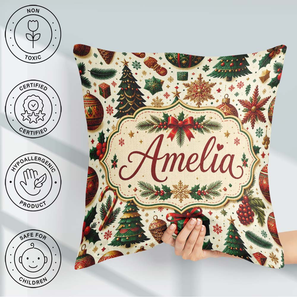 Custom Name Classic Trees Candy Canes Baubles and Festive Decor Square Filled Cushion Throw Pillow Sofa Bed Home Decor Zip Washable UK Made