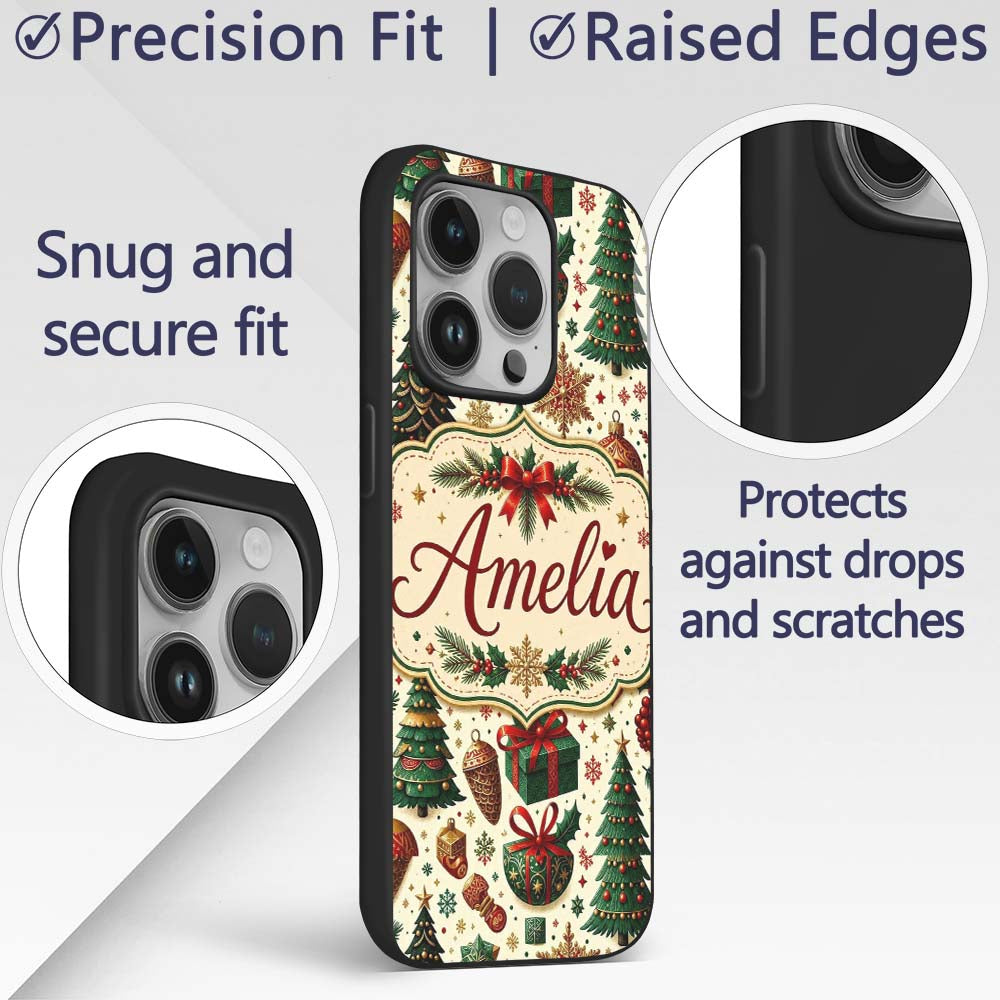 Classic Christmas Trees Candy Canes Baubles and Custom Name Protective Phone Case Mobile Cover Durable Everyday Smartphone Shock Resistant
