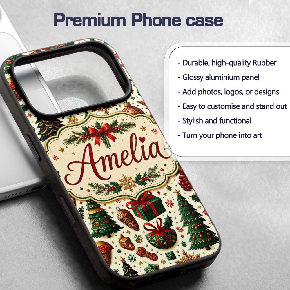 Classic Christmas Trees Candy Canes Baubles and Custom Name Protective Phone Case Mobile Cover Durable Everyday Smartphone Shock Resistant