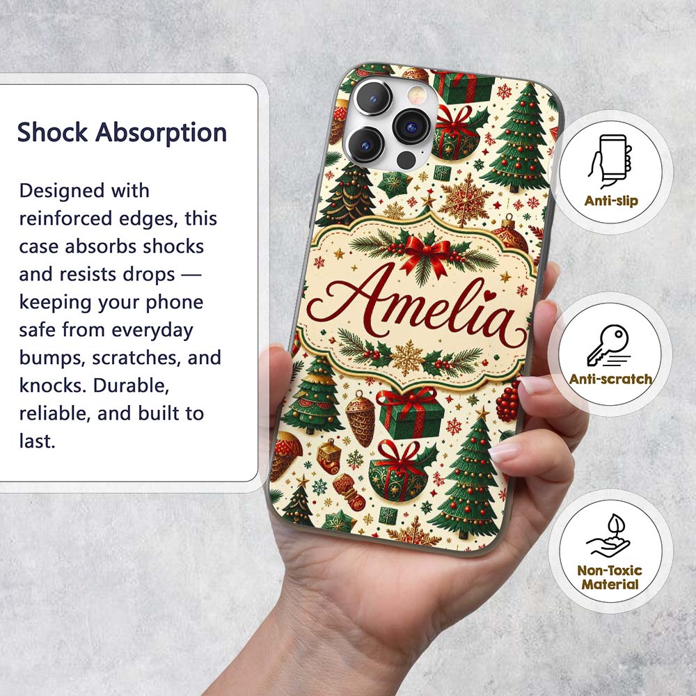 Classic Christmas Trees Candy Canes Baubles and Custom Name Protective Phone Case Mobile Cover Durable Everyday Smartphone Shock Resistant