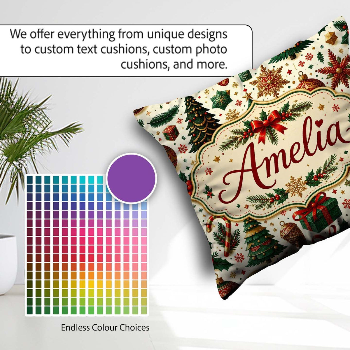 Custom Name Classic Trees Candy Canes Baubles and Festive Decor Square Filled Cushion Throw Pillow Sofa Bed Home Decor Zip Washable UK Made