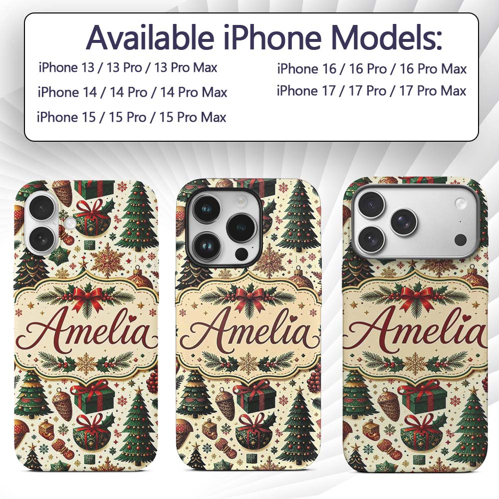 Classic Christmas Trees Candy Canes Baubles and Custom Name Protective Phone Case Mobile Cover Durable Everyday Smartphone Shock Resistant