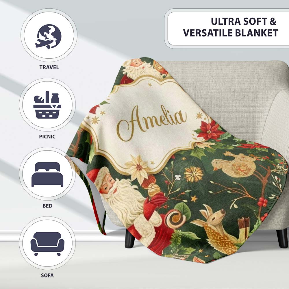 Vintage Santa Claus Reindeer Poinsettia Flowers and Festive Holiday Personalised Custom Name Super Soft Fleece Blanket Bed Sofa Throw