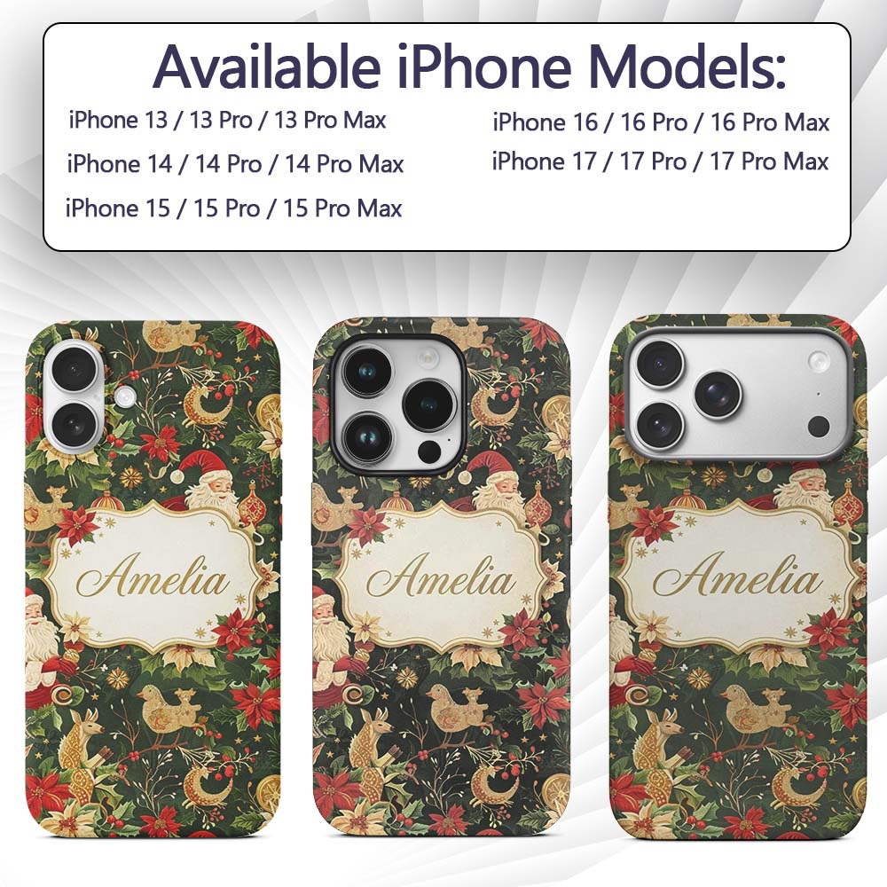 Vintage Santa Claus Reindeer Poinsettia Flowers Custom Name Protective Phone Case Mobile Cover Durable Everyday Smartphone Shock Resistant