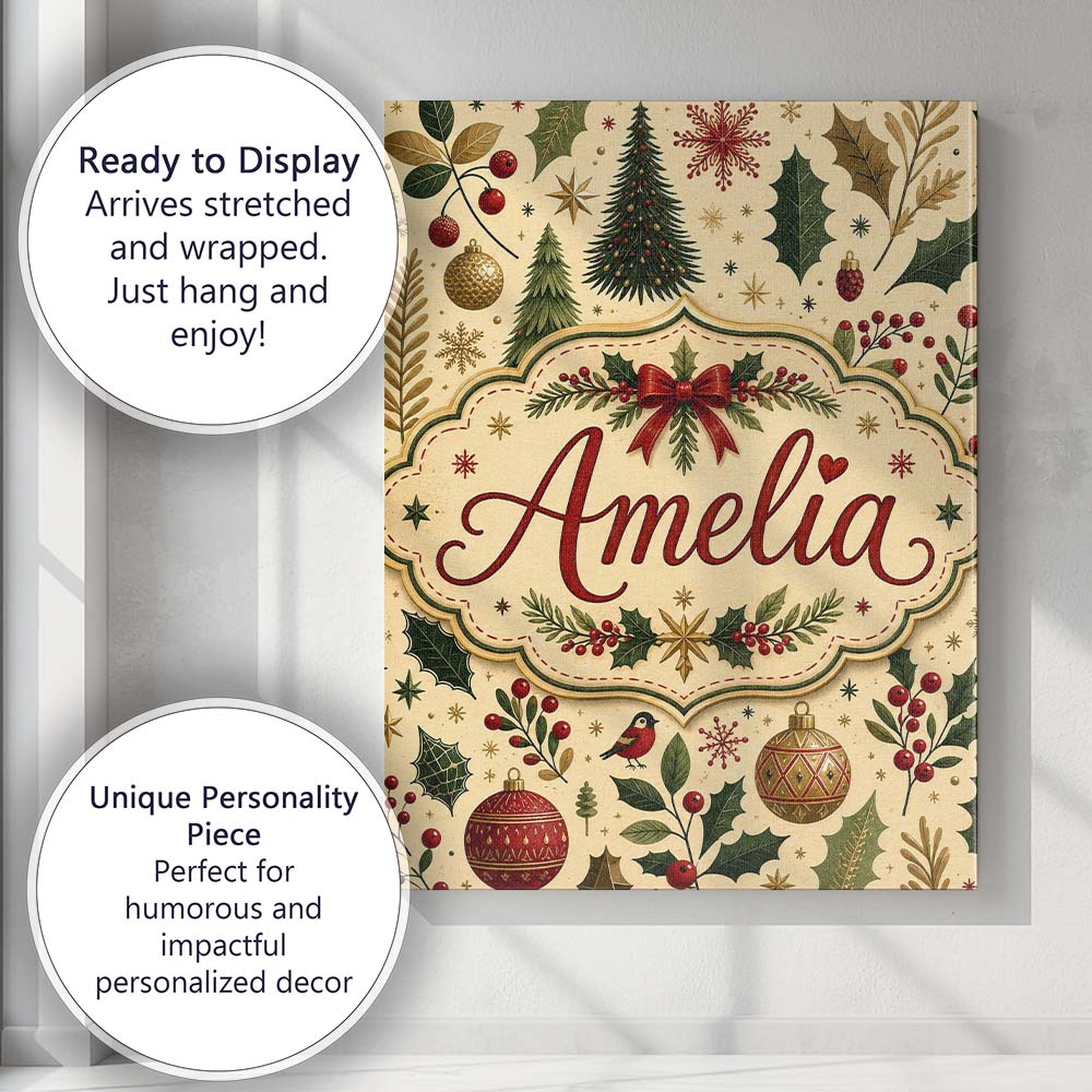 Personalised Name Elegant Christmas Trees Custom Bespoke Decorative Contemporary Canvas Wall Art Print Decor Picture Ready to Hang