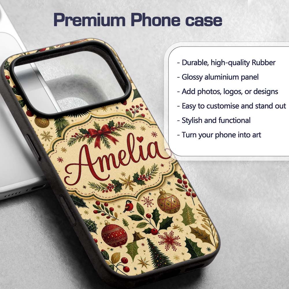 Elegant Christmas Trees Holly Leaves Berries and Custom Name Protective Phone Case Mobile Cover Durable Everyday Smartphone Shock Resistant