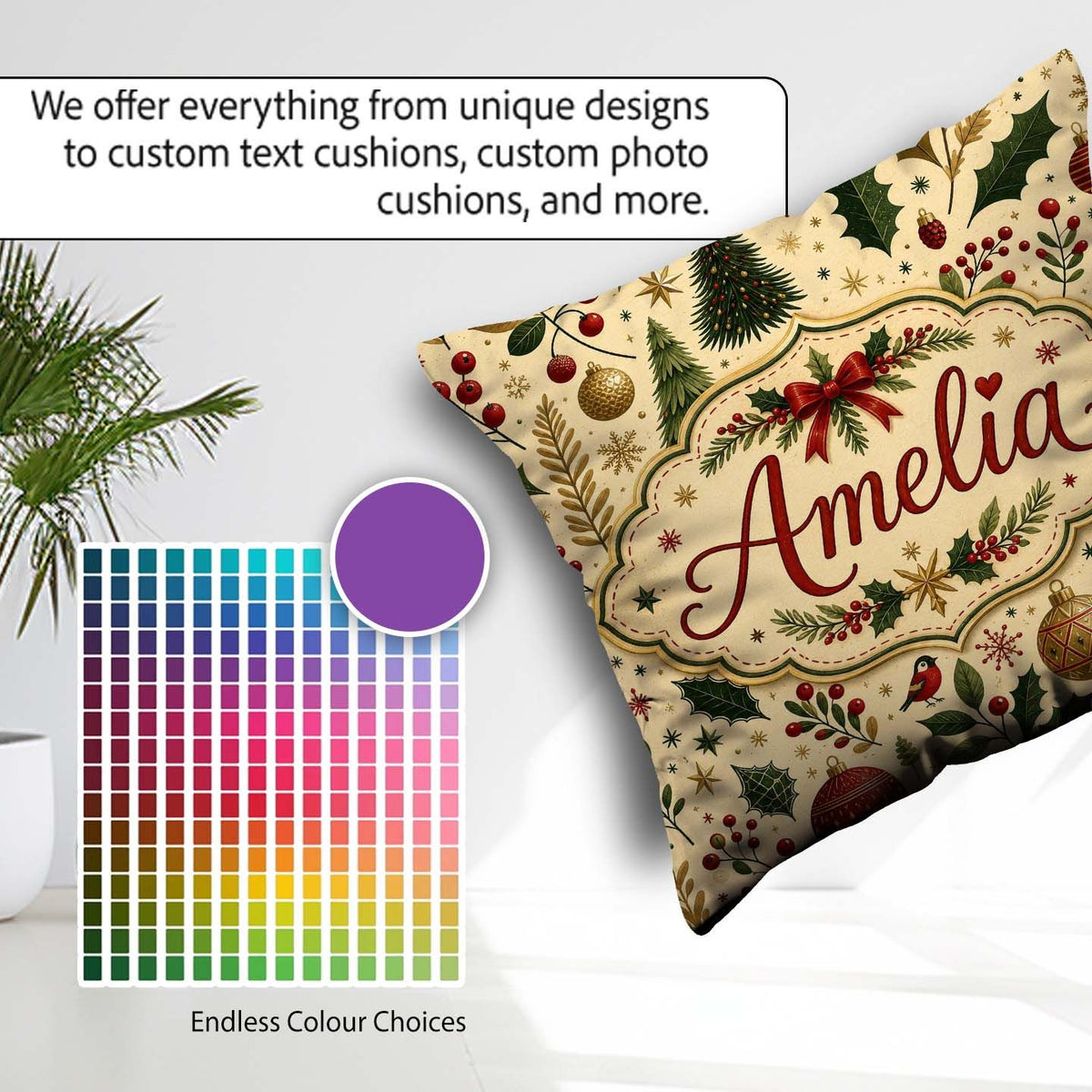 Custom Name Elegant Christmas Trees Leaves Berries and Snowflake Square Filled Cushion Throw Pillow Sofa Bed Home Decor Zip Washable UK Made