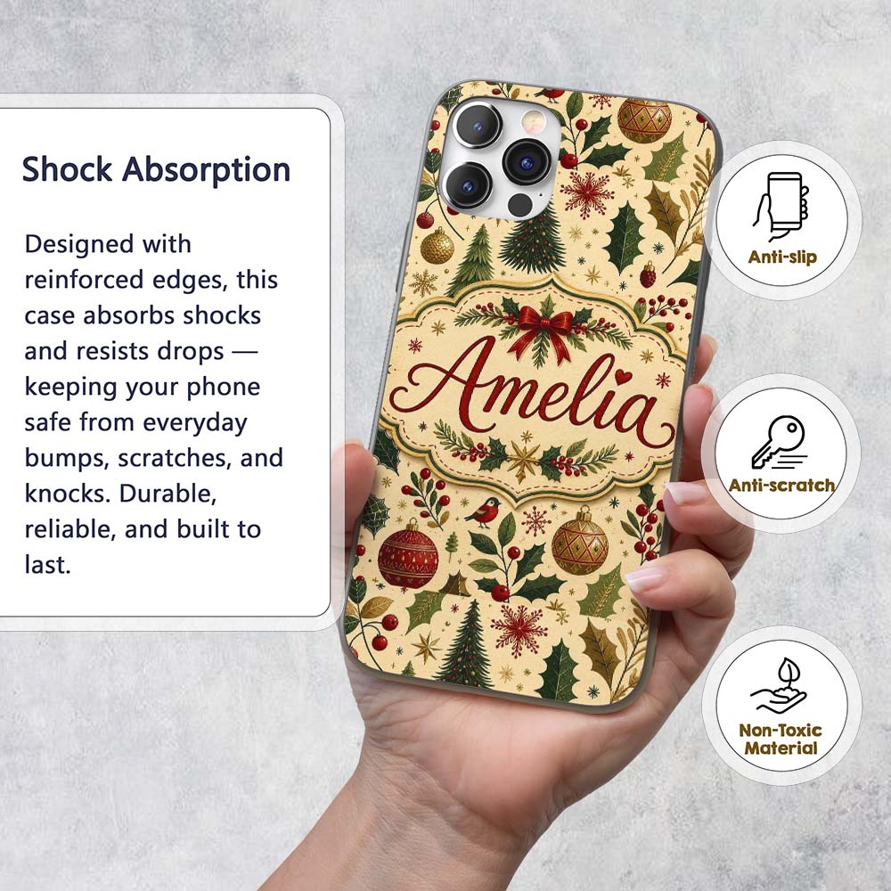 Elegant Christmas Trees Holly Leaves Berries and Custom Name Protective Phone Case Mobile Cover Durable Everyday Smartphone Shock Resistant
