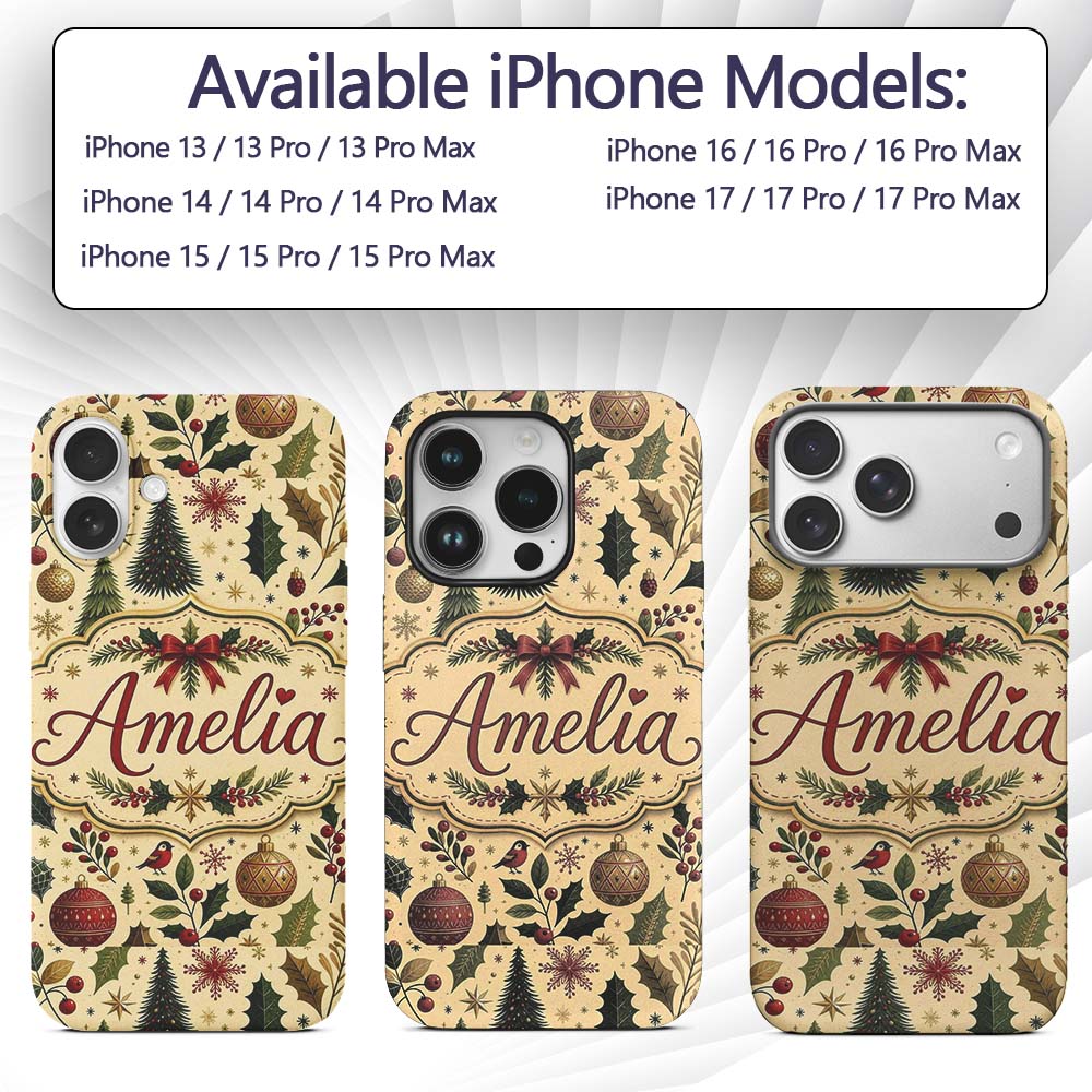 Elegant Christmas Trees Holly Leaves Berries and Custom Name Protective Phone Case Mobile Cover Durable Everyday Smartphone Shock Resistant