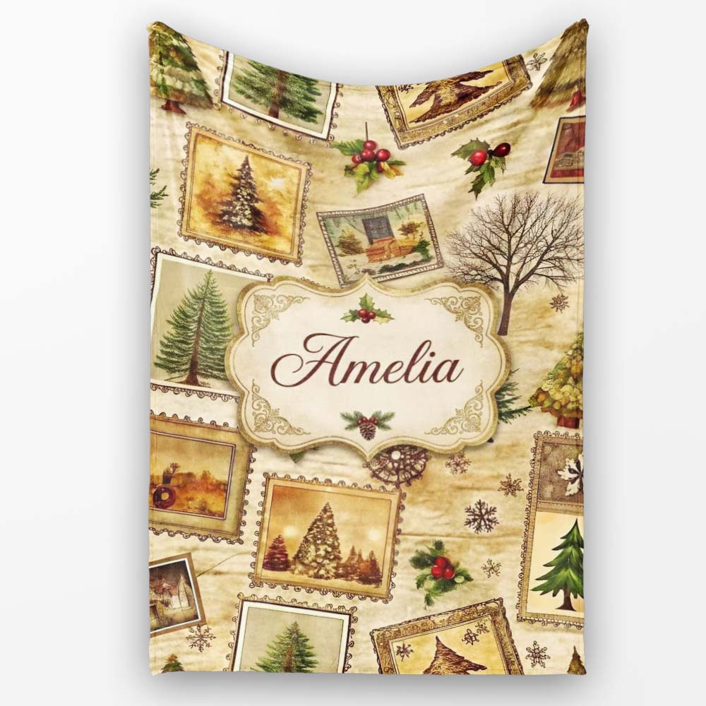 Vintage Framed Winter Landscapes Christmas Trees and Rustic Holiday Personalised Custom Name Super Soft Fleece Blanket Bed Sofa Throw