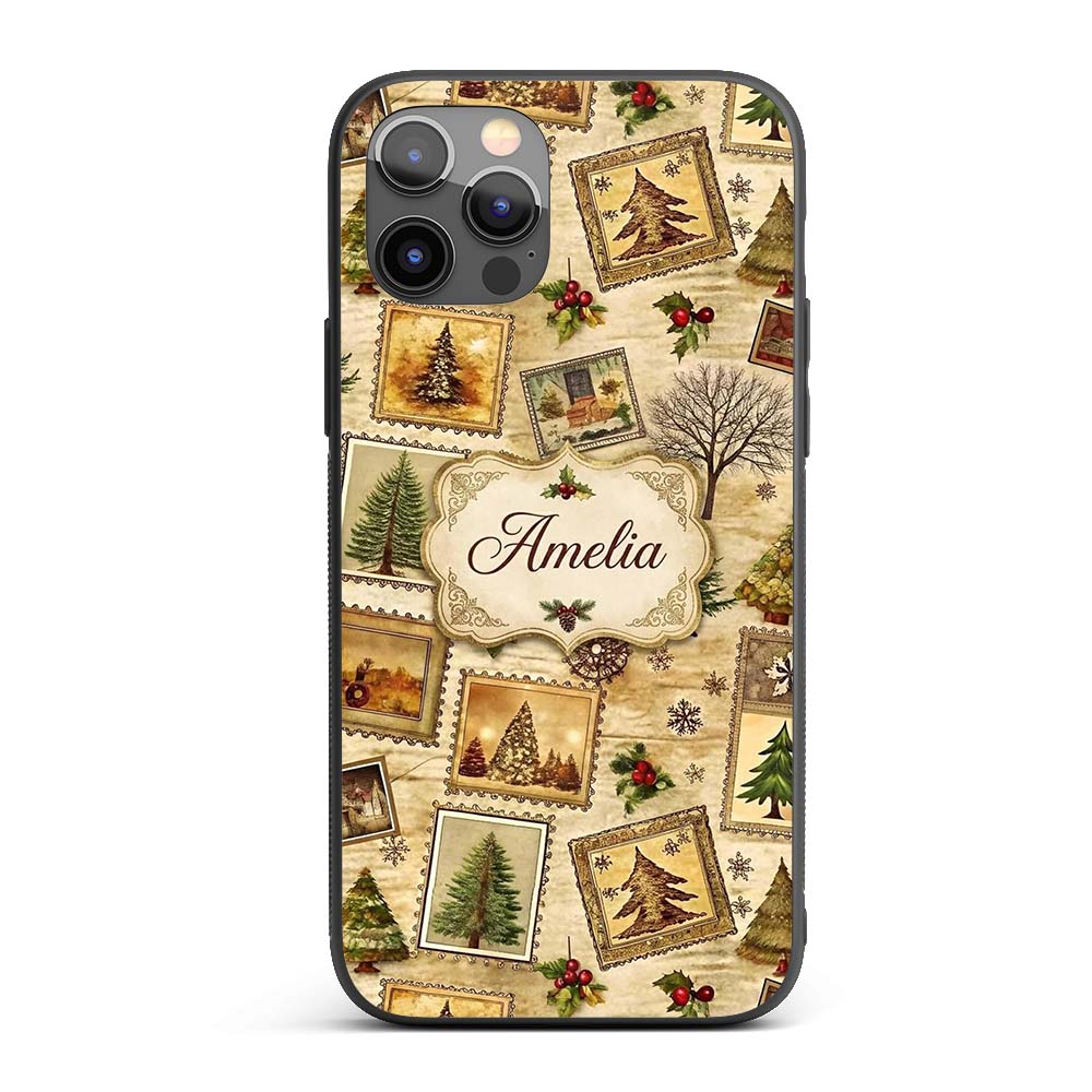 Vintage Framed Winter Landscapes Christmas Trees Custom Name Protective Phone Case Mobile Cover Durable Everyday Smartphone Shock Resistant