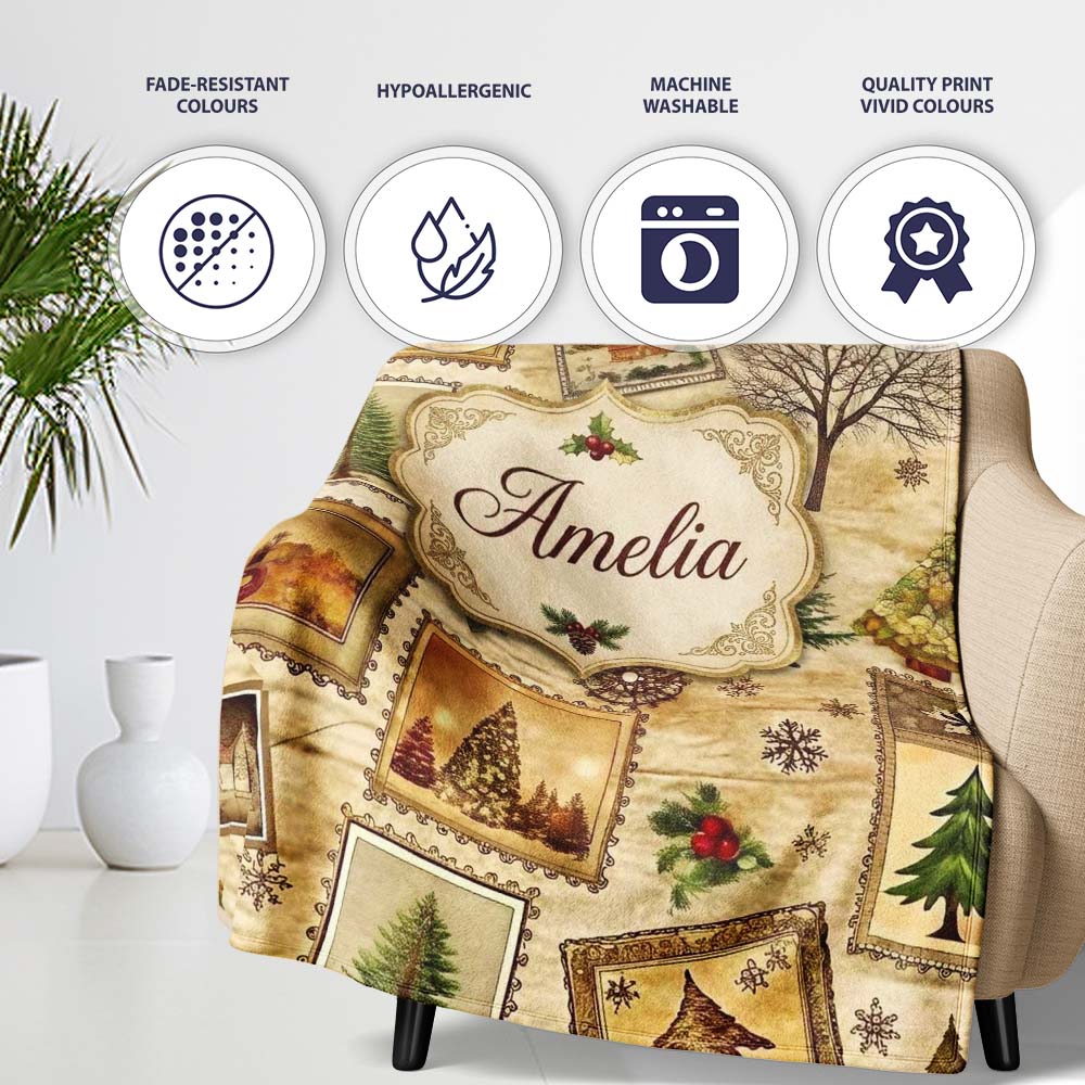 Vintage Framed Winter Landscapes Christmas Trees and Rustic Holiday Personalised Custom Name Super Soft Fleece Blanket Bed Sofa Throw