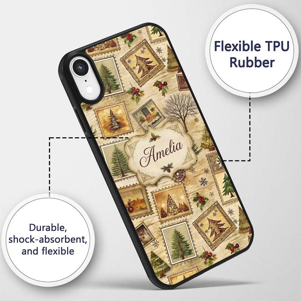 Vintage Framed Winter Landscapes Christmas Trees Custom Name Protective Phone Case Mobile Cover Durable Everyday Smartphone Shock Resistant
