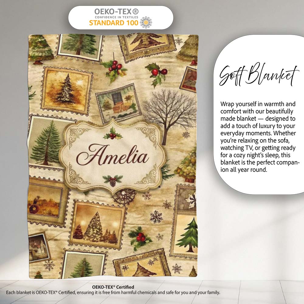 Vintage Framed Winter Landscapes Christmas Trees and Rustic Holiday Personalised Custom Name Super Soft Fleece Blanket Bed Sofa Throw