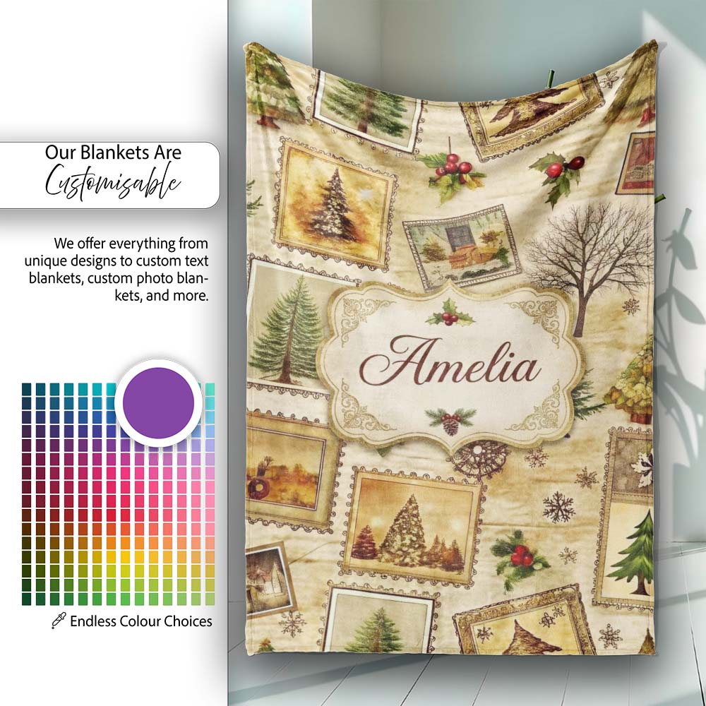 Vintage Framed Winter Landscapes Christmas Trees and Rustic Holiday Personalised Custom Name Super Soft Fleece Blanket Bed Sofa Throw