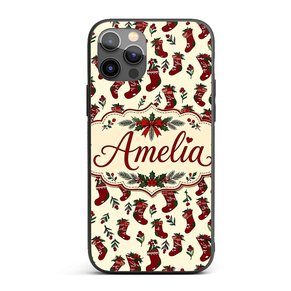 Cute Christmas Stockings Holly Printed Design Custom Name Protective Phone Case Mobile Cover Durable Everyday Smartphone Shock Resistant