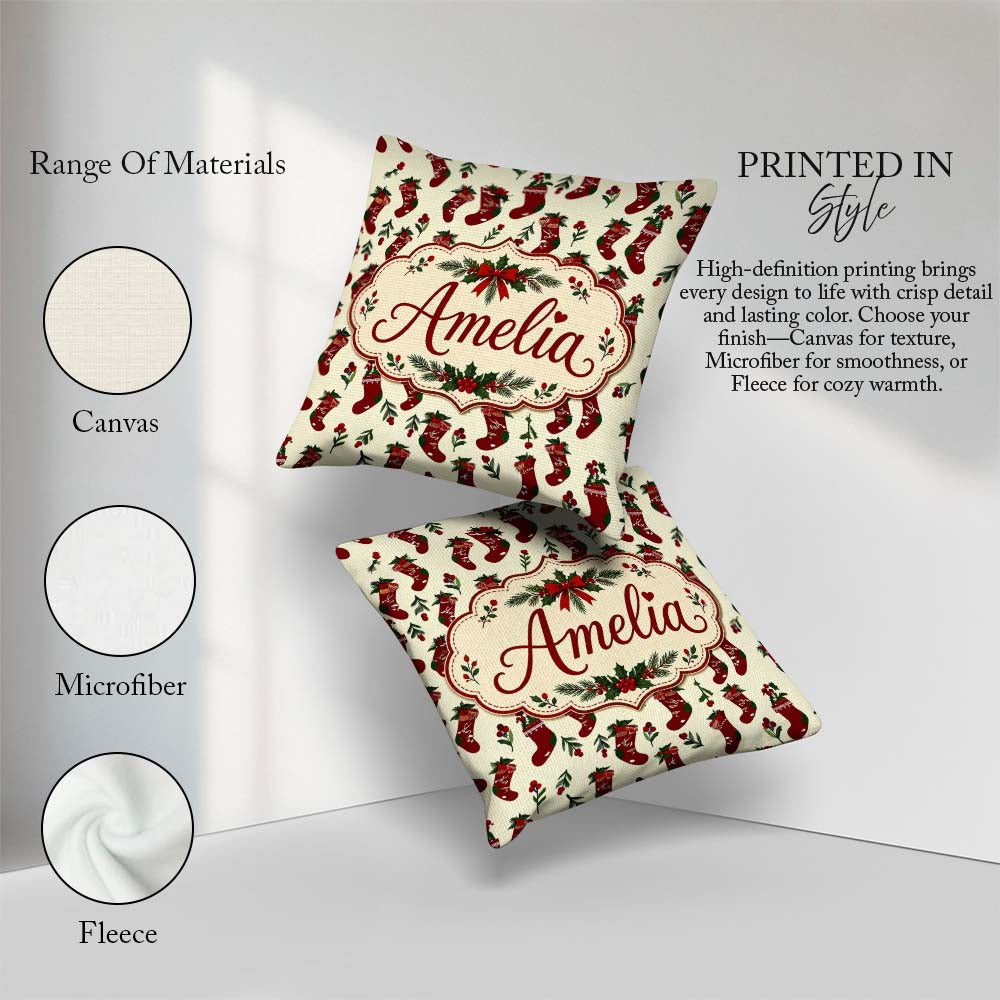 Custom Name Christmas Holly Berries and Festive Holiday Elements Square Filled Cushion Throw Pillow Sofa Bed Home Decor Zip Washable UK Made