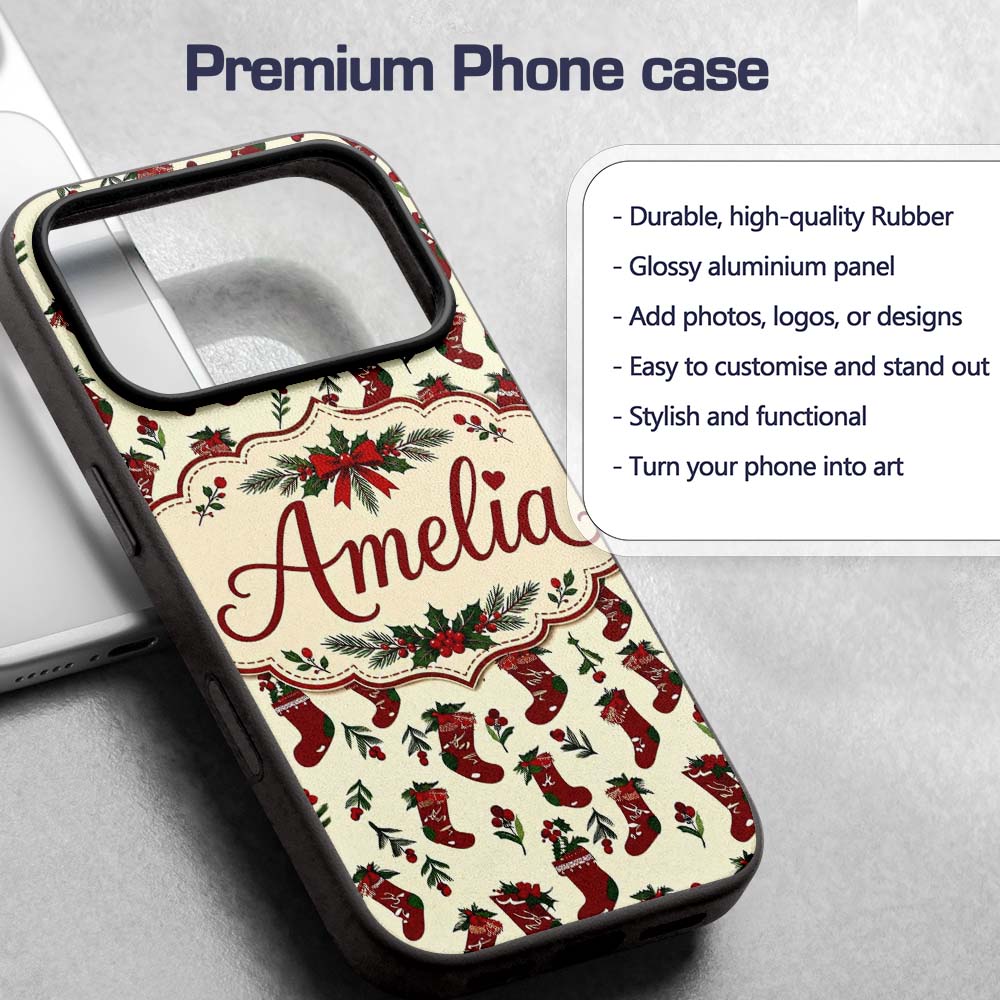 Cute Christmas Stockings Holly Printed Design Custom Name Protective Phone Case Mobile Cover Durable Everyday Smartphone Shock Resistant