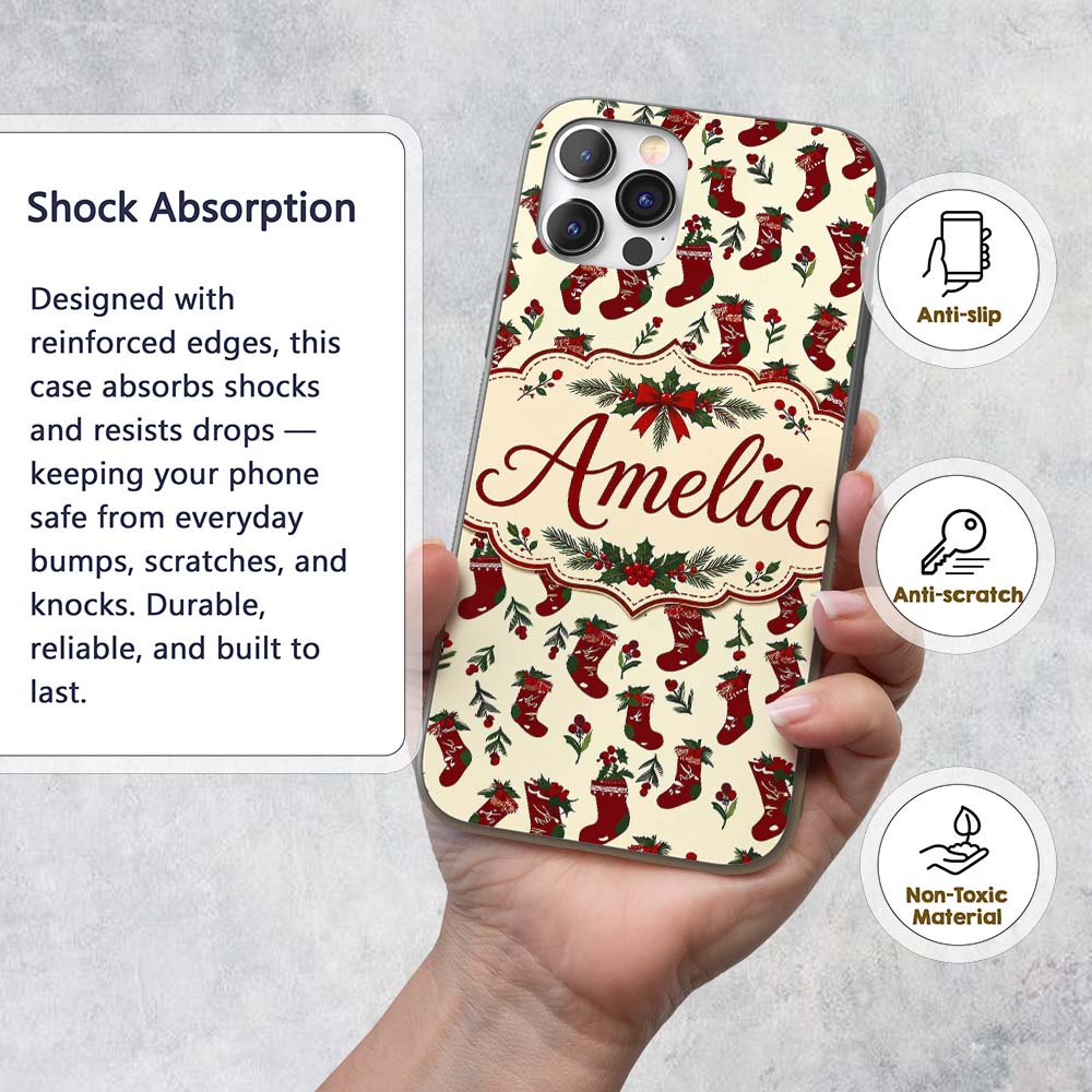 Cute Christmas Stockings Holly Printed Design Custom Name Protective Phone Case Mobile Cover Durable Everyday Smartphone Shock Resistant