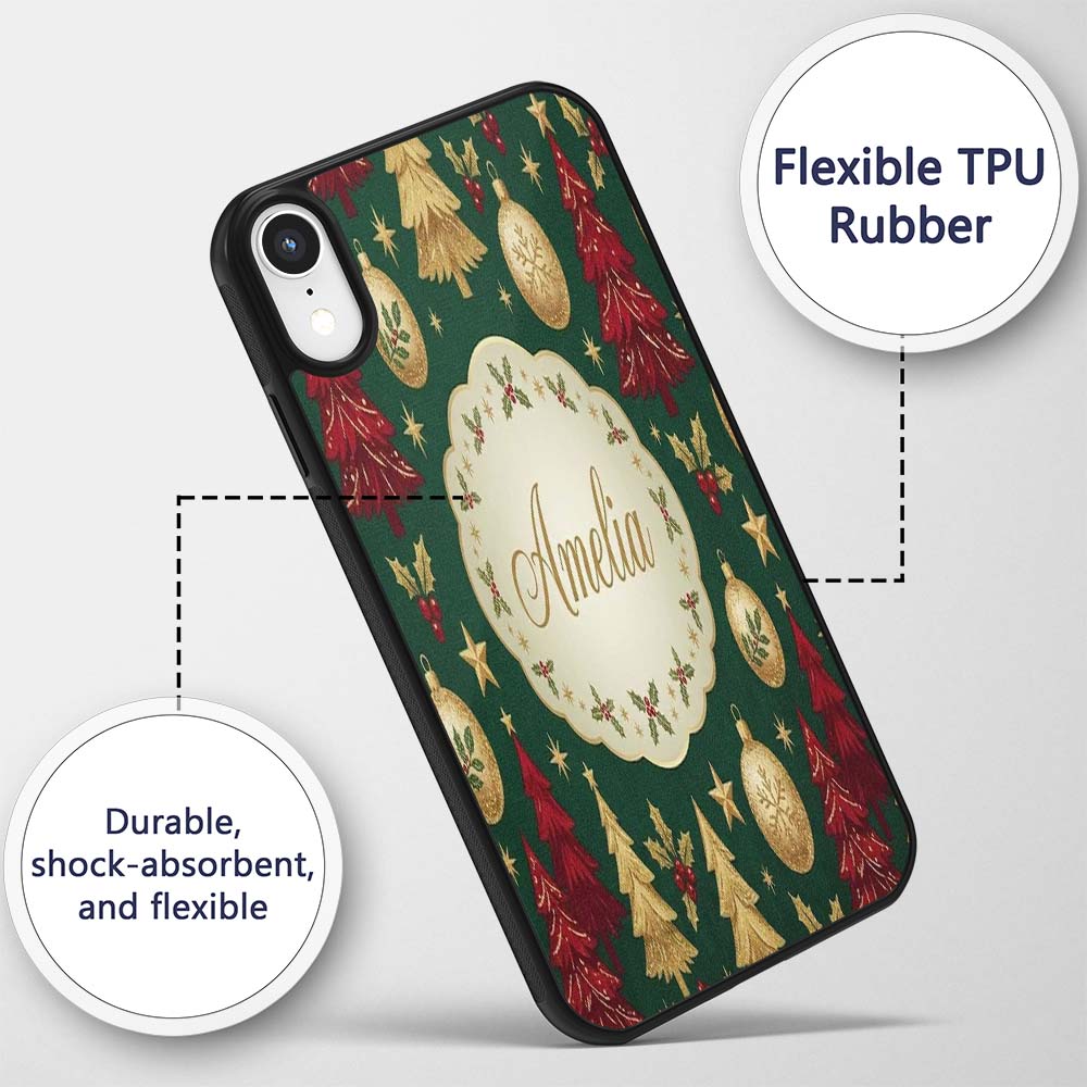 Vintage Christmas Trees Ornaments Snowflakes and Custom Name Protective Phone Case Mobile Cover Durable Everyday Smartphone Shock Resistant