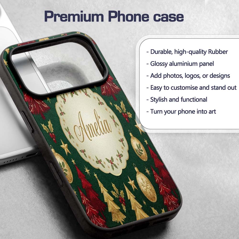 Vintage Christmas Trees Ornaments Snowflakes and Custom Name Protective Phone Case Mobile Cover Durable Everyday Smartphone Shock Resistant