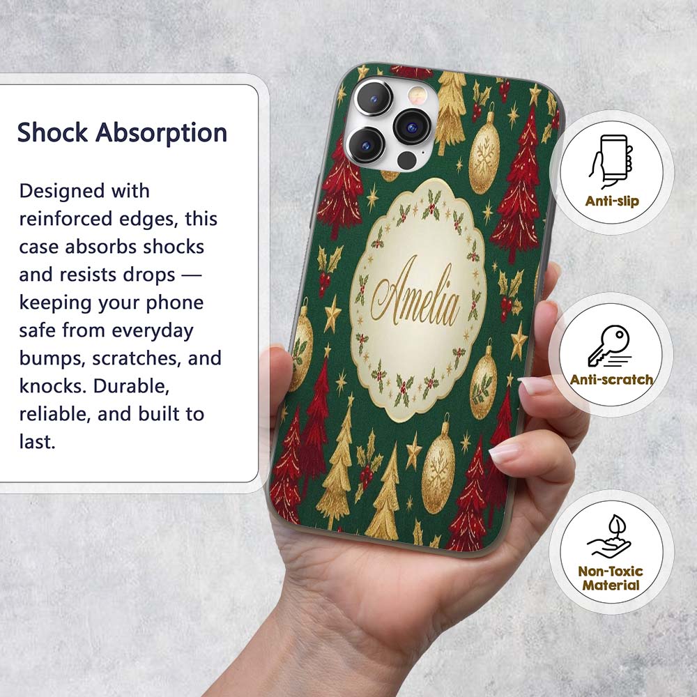 Vintage Christmas Trees Ornaments Snowflakes and Custom Name Protective Phone Case Mobile Cover Durable Everyday Smartphone Shock Resistant