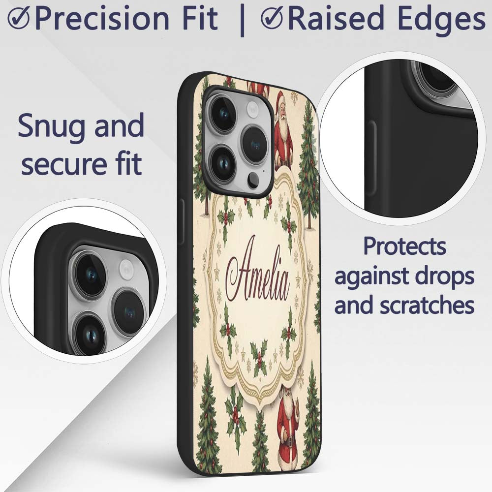 Cute Santa Claus Christmas Trees Holly Leaves and Custom Name Protective Phone Case Mobile Cover Durable Everyday Smartphone Shock Resistant