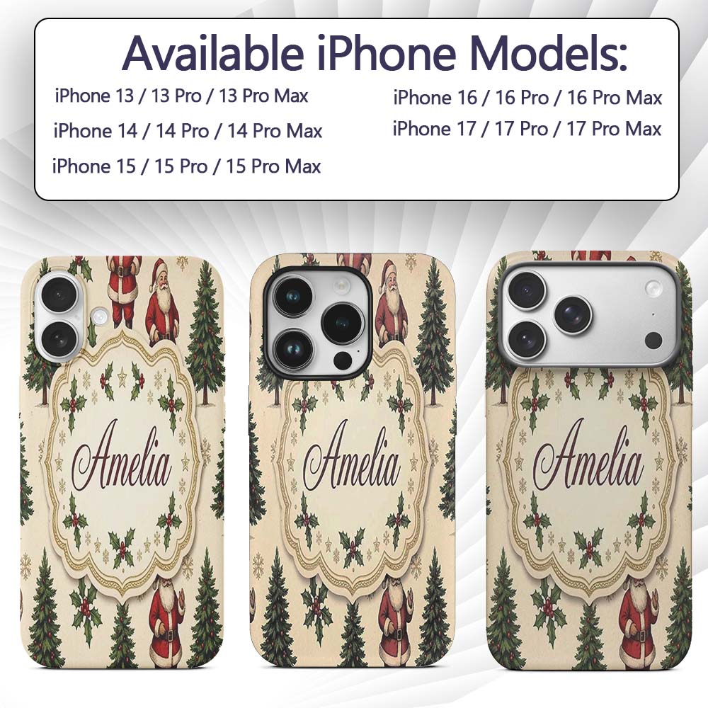 Cute Santa Claus Christmas Trees Holly Leaves and Custom Name Protective Phone Case Mobile Cover Durable Everyday Smartphone Shock Resistant