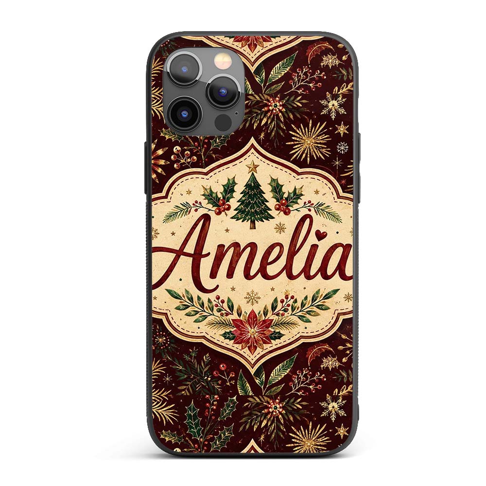 Elegant Christmas Botanical Leaves Pine Branches Custom Name Protective Phone Case Mobile Cover Durable Everyday Smartphone Shock Resistant